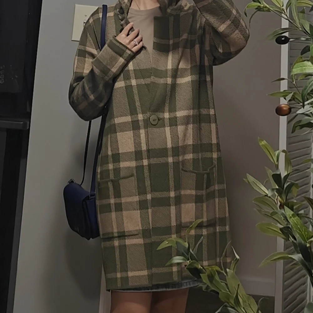 Christian Siriano Green and Tan Plaid Trench Coat - Picture 2 of 5